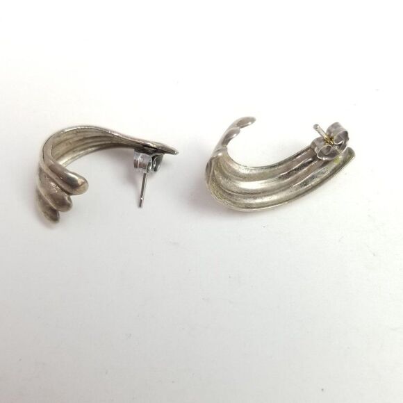 Vintage Wave Shape Half Hoop Stud Earrings, Silver Tone Metal, Minimal Design - Picture 4 of 5